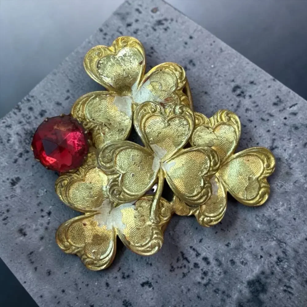 Victorian Lucky Shamrock Buckle Half Ruby Glass Antique Brass Sash Brooch
